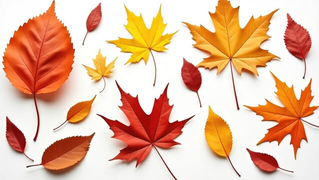 Collection of multicolored autumn leaves isolated on a white background. Isolated leaves.
