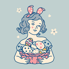 Charming illustration of a girl with funny bunny ears, holding a basket full of Easter eggs. Soft pastel tones create a nostalgic feel with a modern twist. Perfect for festive and holiday designs