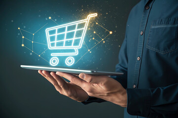 Online commerce sale concept with tablet and network connection on virtual screen