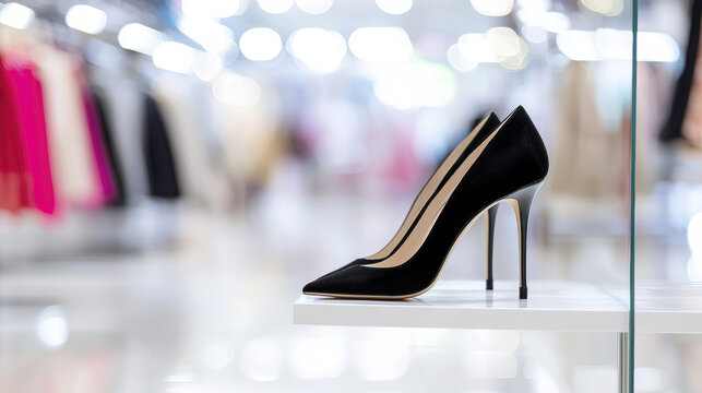 Elegant black high heels displayed in stylish boutique, showcasing fashion