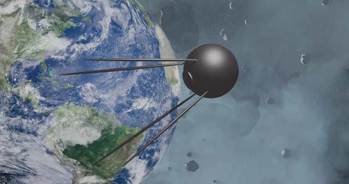 The spherical satellite SPUTNIK-1 with antennas marks a historic milestone in space exploration above the Earth Planet. Elements of vertical 3D rendered loop video were furnished by NASA.