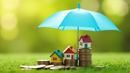 Protection, Model house placed on a stack of coins with an umbrella against a green nature background, Finance insurance, and Safe investment idea