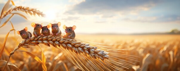 Five small mice perched on a golden wheat stalk in a field