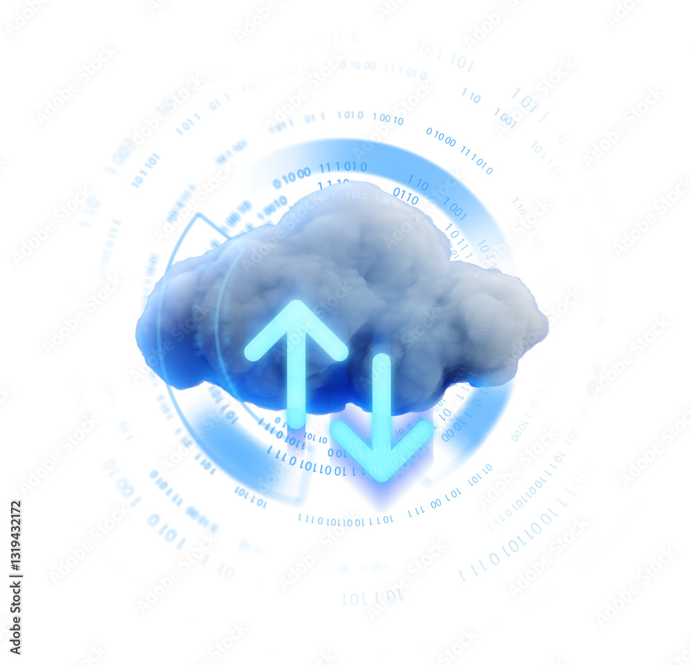 Fototapete Cloud with glowing upload and download arrows, surrounded by binary code and digital graphics on a white background. Concept of data storage and cloud computing. 3D Rendering