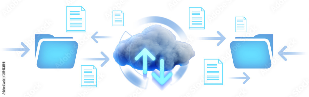 Poster cloud computing concept with data transfer between folders and cloud storage, represented by blue ar