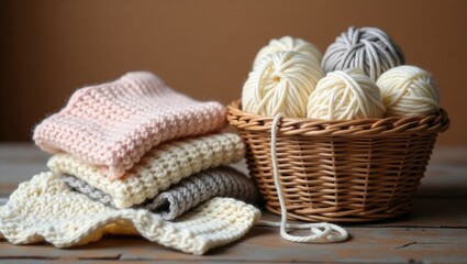 Knitted closeup of a yarn sweater and knitting thread. Knitting as a pastime. Knitting accessories.