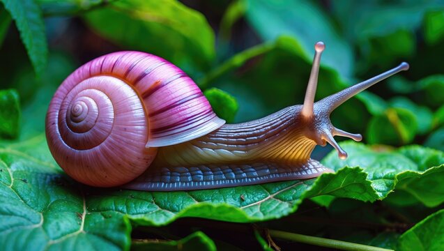 A large pink snail with a cracked shell in a hurry on a green leaf. Snail the traveler. Hurry slowly - then you'll have time! Close-up.