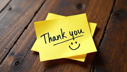 Naklejka premium Yellow Sticky Note Featuring Handwritten Thank You and Smiley Face - Conveying Gratitude and Appreciation in a Fun, Personalized Manner, Ideal for Themes
