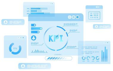 Digital KPI dashboard interface with charts, graphs, and performance metrics in blue tones on a white background. Concept of business analytics. 3D Rendering