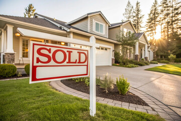 Sold sign in front of house. Real estate purchase and home buying