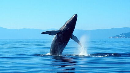 Humpback whale leaping in front of an ocean backdrop.