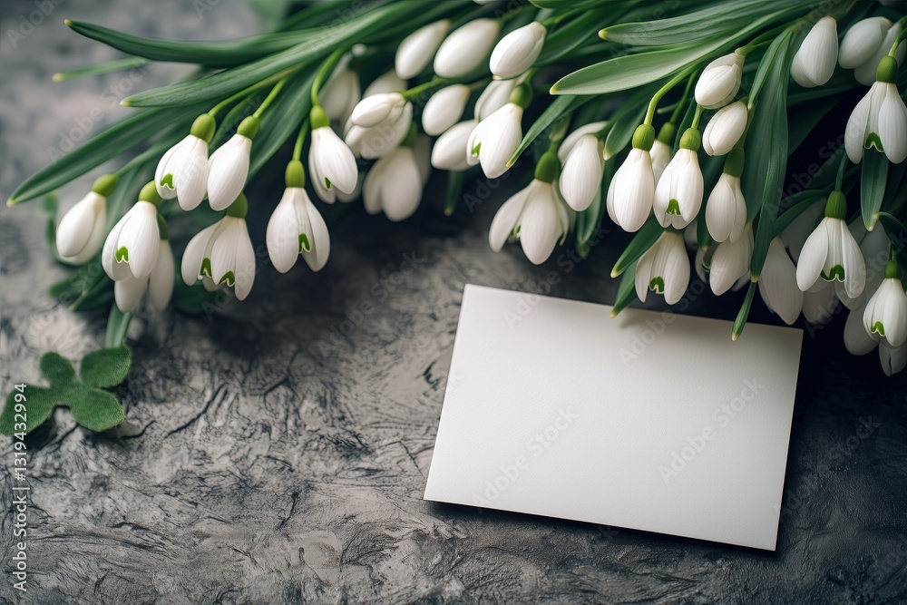 Fototapete snowdrops adorn a delicate background with a spring notebook offering a place to copy images or text