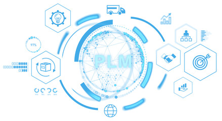 PLM digital network interface with futuristic icons representing logistics, supply chain, and business strategy, glowing blue on white background. 3D Rendering © ImageFlow