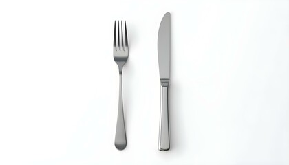 A high-angle, studio shot of a fork and knife set against a plain white background
