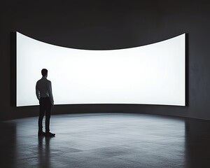 Modern presentation stage with a businessman in front of a curved blank digital screen in a dark, contemporary exhibition space