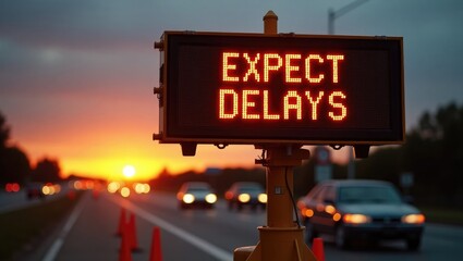 Mobile Electronic Traffic Sign indicating expect Delays captured at sunset with blurred traffic passing by and traffic cones present.