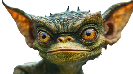 A Gremlin head, a creature from various mythologies, with large eyes and ears, a green face, and a lizard-like appearance, a cartoon Gremlin.