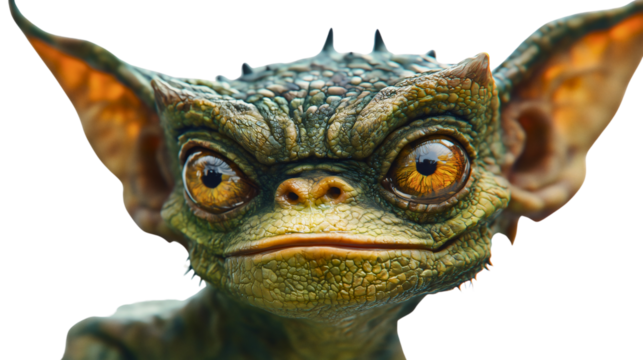 A Gremlin head, a creature from various mythologies, with large eyes and ears, a green face, and a lizard-like appearance, a cartoon Gremlin.