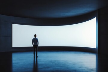 Modern presentation stage with a businessman in front of a curved blank digital screen in a dark, contemporary exhibition space
