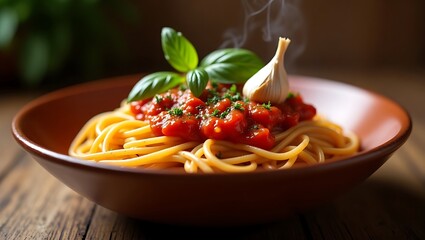 spaghetti with tomato sauce and basil