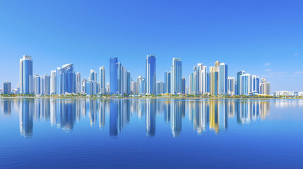 Fototapeta premium Stunning skyline reflection in clear blue lake, showcasing modern architecture and vibrant city life