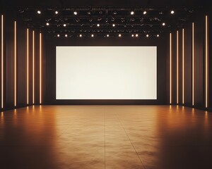 Modern spacious stage with blank white screens and spotlight in dark exhibition hall 3D Rendering