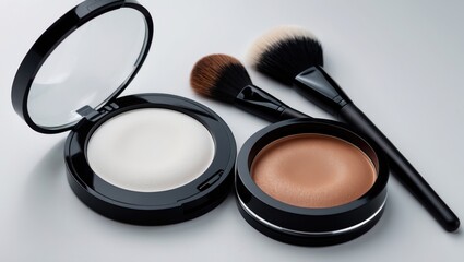 Kit of pressed bronzer and highlighter alongside cosmetic brushes set against a white background.