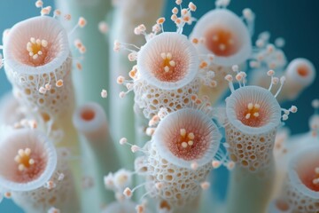 A macro shot showcasing unique tubular structures resembling coral or a strange alien plant with delicate textures and soft pastel colors