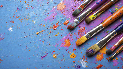 Fototapeta premium Colorful paint splatters and brushes on blue surface create artistic scene
