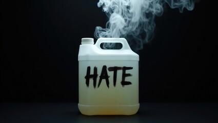 Mental health depiction of hate, a container against a dark background with hate emerging in dense white fume or smoke form.