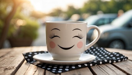 Cheerful cup on wooden table featuring a black polka dot tablecloth. Concept about happiness.