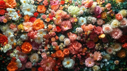 Vibrant floral wall display of various colors and types of flowers