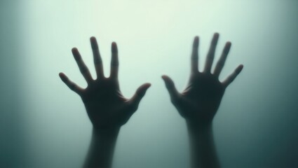 Shadow blur of left and right hand behind frosted glass.
