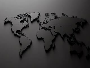 Monochrome 3D world map with reflective surfaces against a dark background Modern mapping technique Generative AI