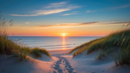 Inviting sunset scene over ocean from dune. Outdoor view of coast in nature.