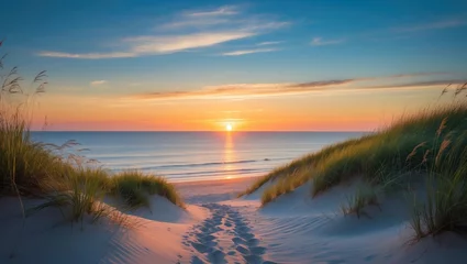 Inviting sunset scene over ocean from dune. Outdoor view of coast in nature.