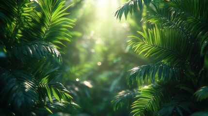 Lush tropical foliage, sunlight filtering through dense greenery