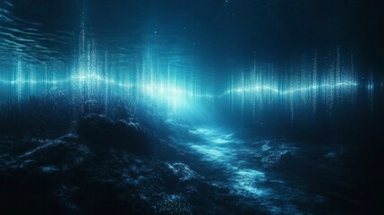 Pulsating bioluminescent sound waves underwater ocean depths digital art tranquil environment abstract viewpoint