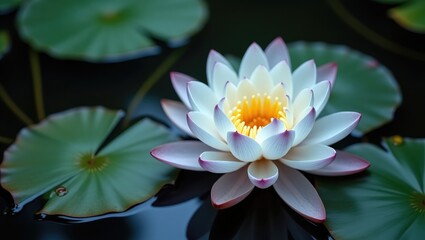 A stunning white lotus blooms above the water, symbolizing our potential as humans to transcend our defilements and strive for enlightenment.