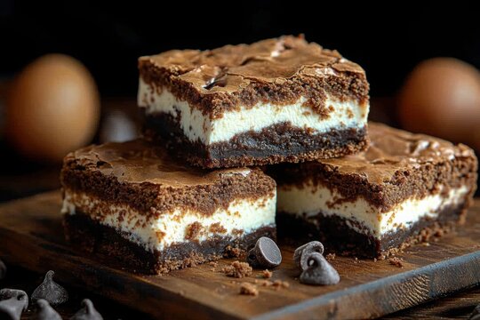Delicious homemade brownies with a layer of creamy filling served on a rustic wooden board Perfect sweet treat! - Powered by Adobe