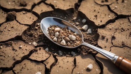 World Food Problem Concept. Environmental Impact. Food Shortage, Global Challenges in Agricultural Food Production. Cracked Soil, Desertification, Water, Pollution, Energy, Climate Change, and Food...