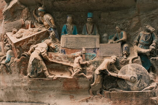 Dazu：A series of Chinese religious sculptures and carvings and UNESCO World Heritage Site located in Dazu District, Chongqing, China. The carvings date back as far as the 7th century AD