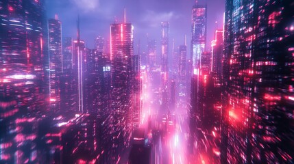 Vibrant metallic cyberpunk sound waves futuristic city digital art neon environment aerial view urban concept