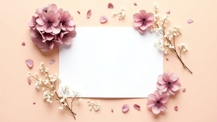 Invitation card mockup featuring hydrangea and gypsophila flower decorations. Blank greeting card design.