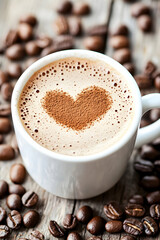 Frothy coffee with cocoa heart design surrounded by coffee beans