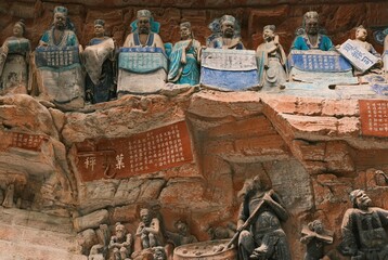 Fototapeta premium Dazu：A series of Chinese religious sculptures and carvings and UNESCO World Heritage Site located in Dazu District, Chongqing, China. The carvings date back as far as the 7th century AD