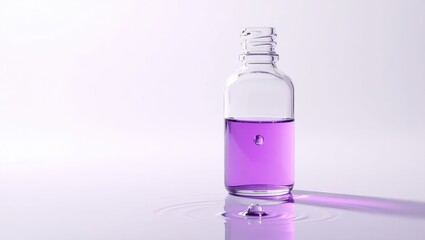 Drop falls into a medical bottle filled with transparent liquid against a white background, creating ripples. Abstract skincare cosmetics with formulation concept.