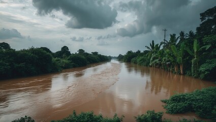Flooding in a river happens when the amount of flowing water surpasses the usual capacity, leading it to overflow onto adjacent land. This occurrence is frequently initiated by significant rainfall.