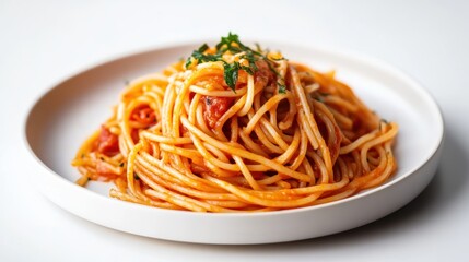 Delicious spaghetti dish with tomato sauce on white plate. Ready to eat