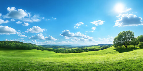 Rolling Green Hills Bathed in Golden Morning Sunlight for a Tranquil and Idyllic Landscape